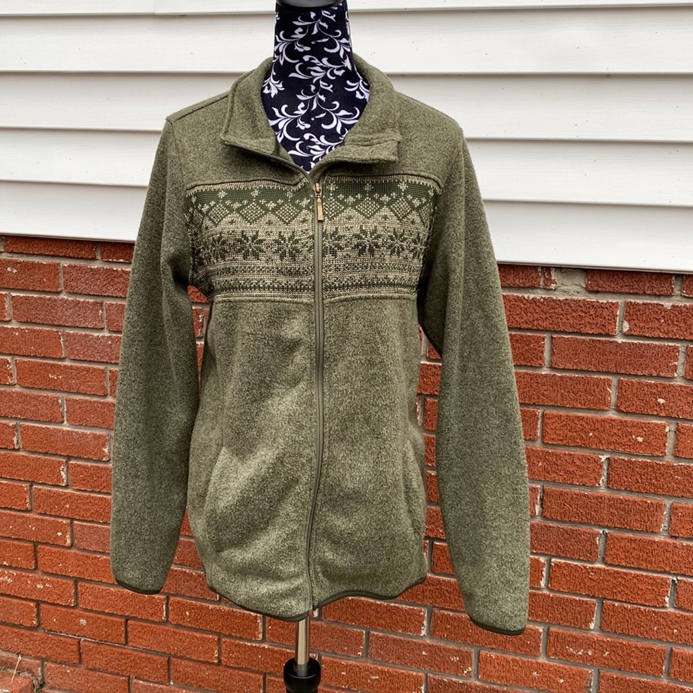 Laura Scott Olive Fair Isle Knit Sweater Jacket Super Soft Large Pockets